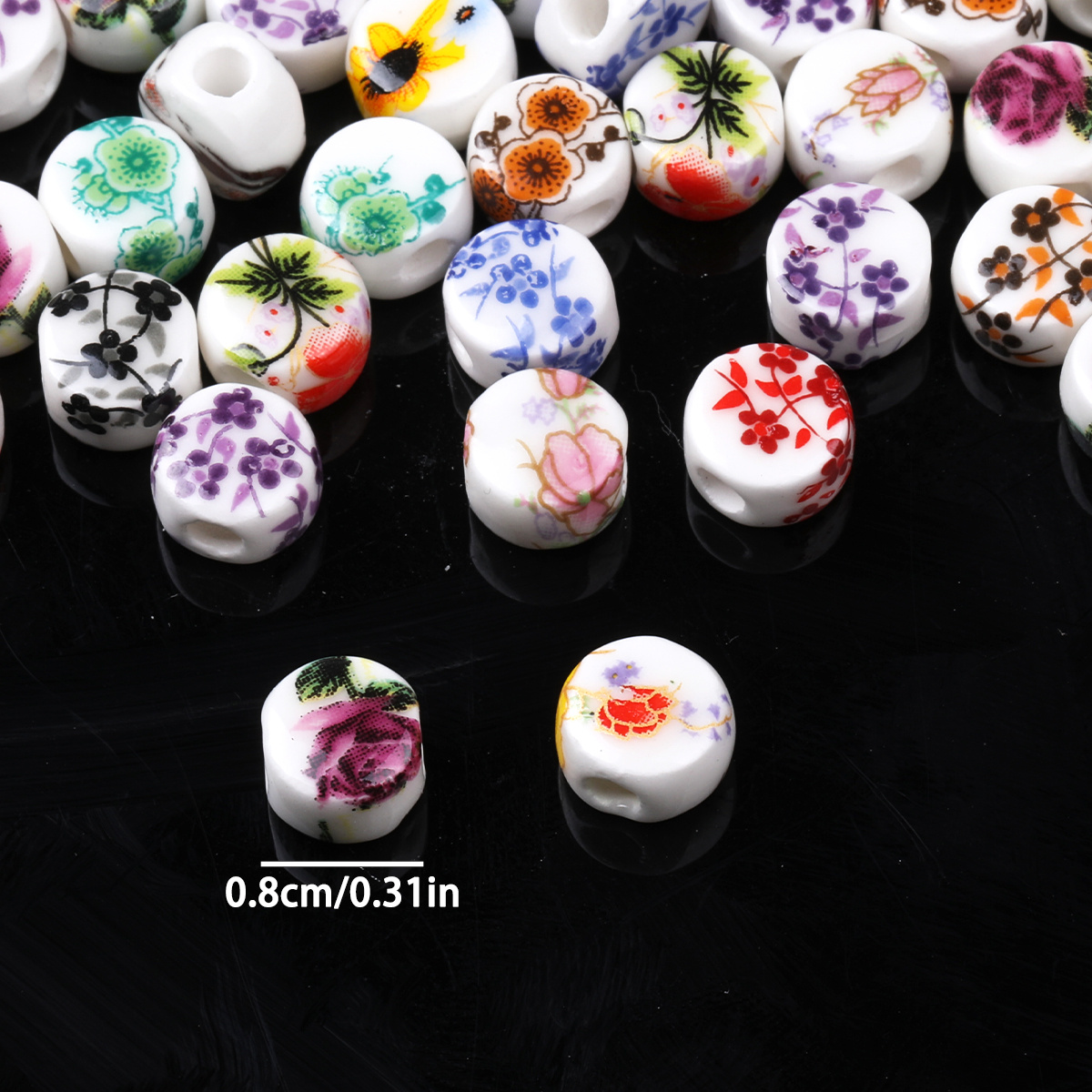 20pcs Random Color Flat Round Printed Flower Ceramic Beads